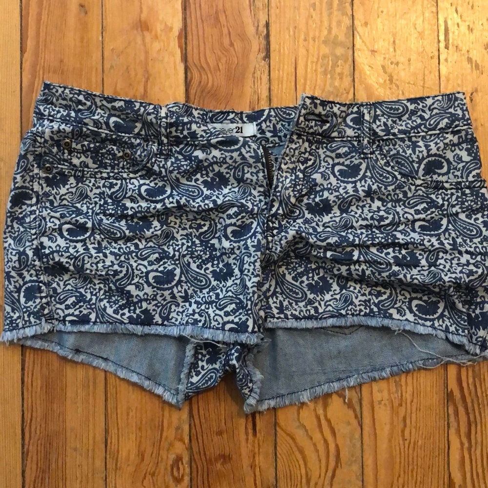 Paisley patterned cutoff jean shorts